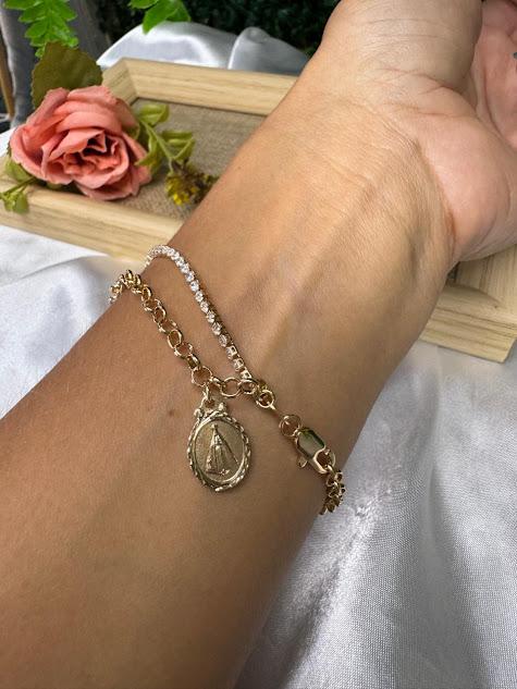 Pulseira Dupla Elo Português e Riviera com Pingente de Nossa Sra - Banhado a Ouro 18K