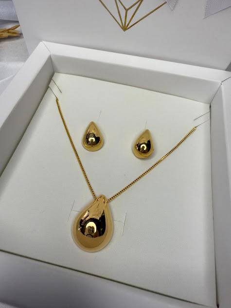onjunto Colar e Brinco Gota Liso - Banhado a Ouro 18k