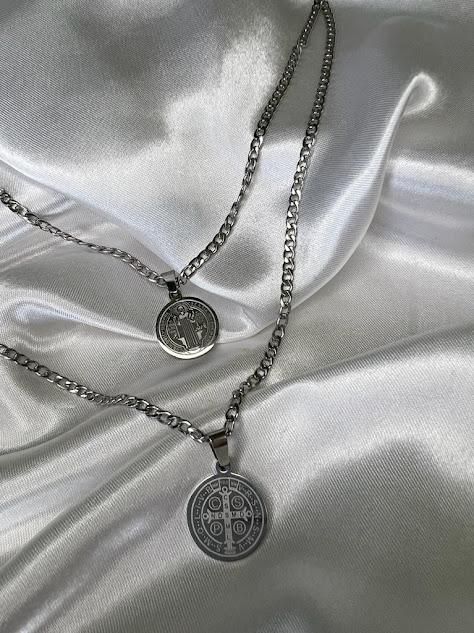 Colar Corrente Gourmet Com Pingente Medalha de São Bento - Aço Inoxidavel