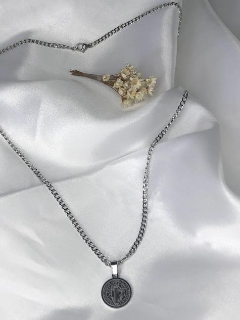 Colar Corrente Gourmet Com Pingente Medalha de São Bento - Aço Inoxidavel