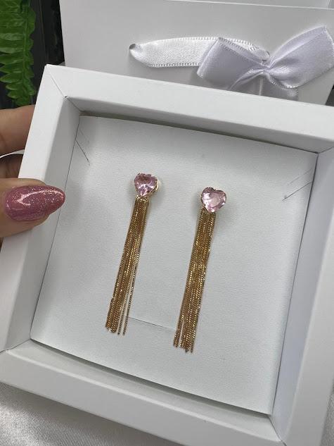 Brinco de Franja com Pedra Rosa (Par) - Banhado a Ouro 18K