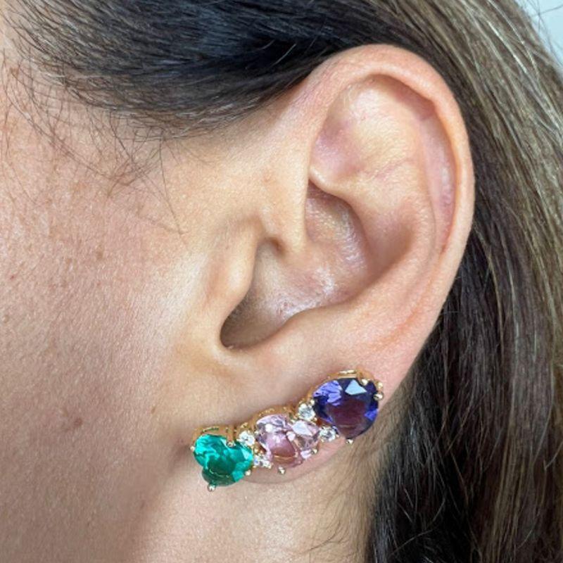 Brinco Ear Cuff Coração Zircônias Coloridas - Banhado a Ouro 18K