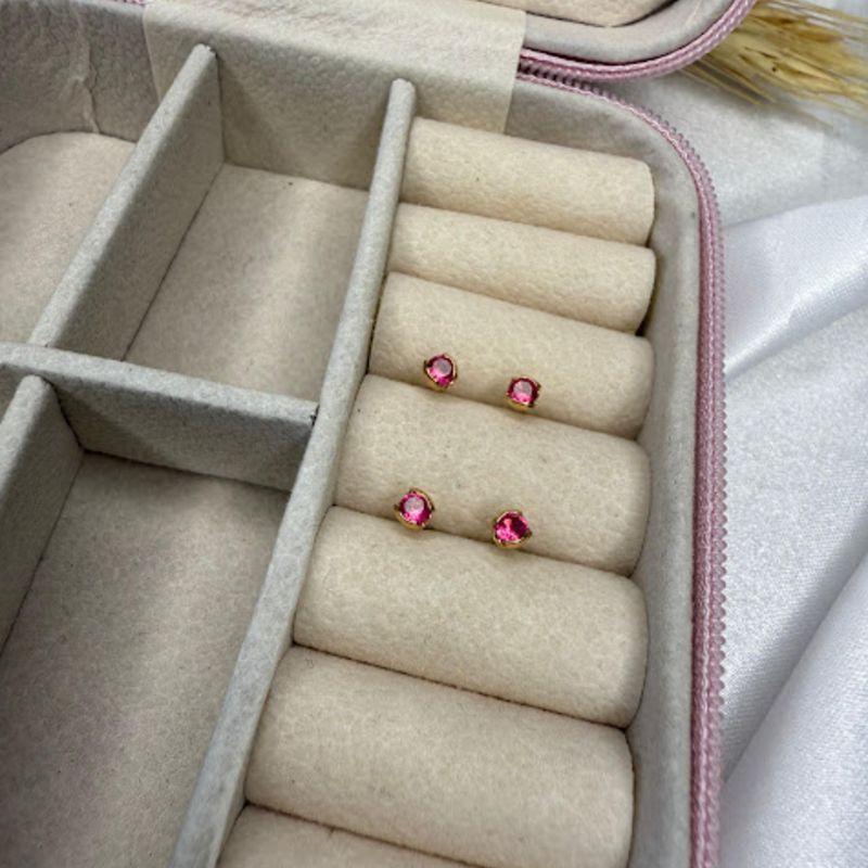Brinco Infantil Ponto de Luz Pink Cravação Inglesa 3mm (Par) - Banhado a Ouro 18k