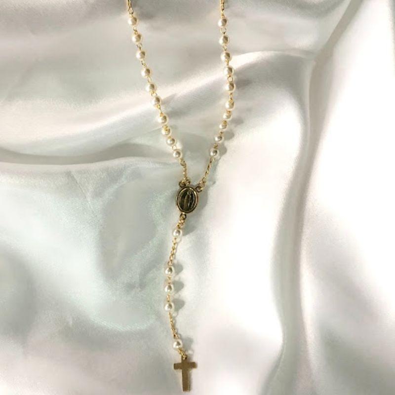 Colar Terço de Pérolas Nossa Senhora das Graças - Banhado a Ouro 18K