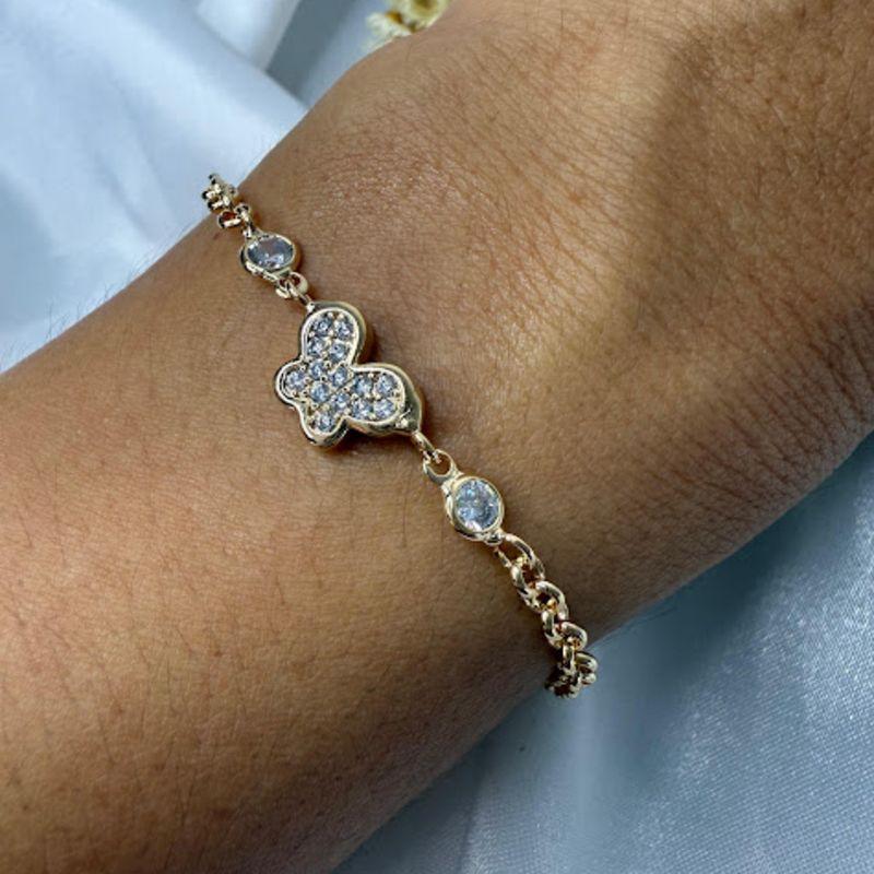 Pulseira Borboleta Cravejada Zircônias e Ponto de Luz - Banhado a Ouro 18K