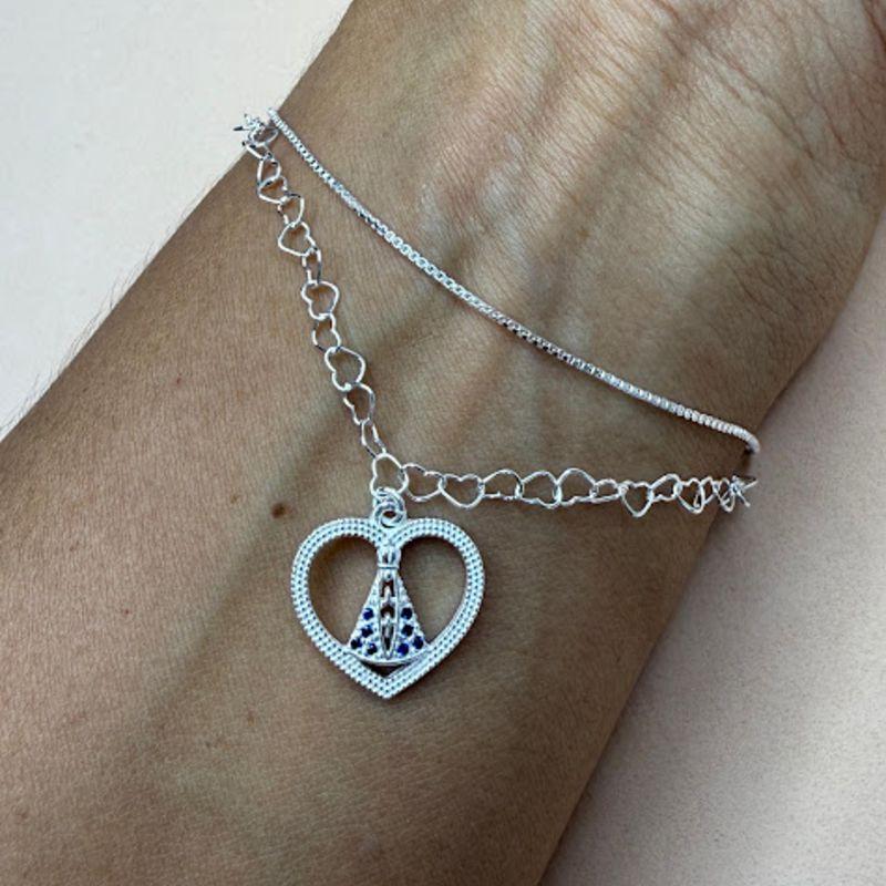Pulseira Dupla com Elo de Corações e Pingente de Nossa Sra - Prata 925