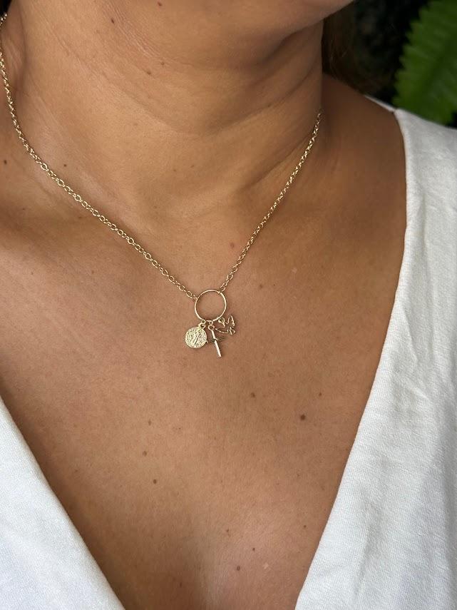 Colar Patuá Medalhinha São Bento Cruz e Espirito Santo - Banhado a Ouro 18k