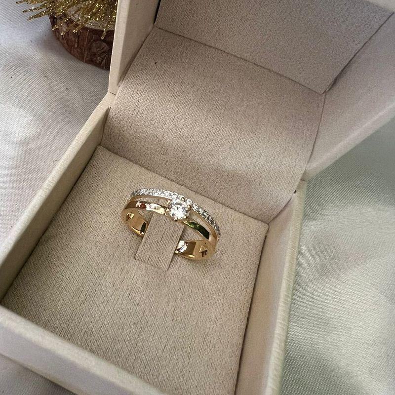 Anel Aro Duplo Solitário Cravejado Microzircônias - Banhado a Ouro 18K