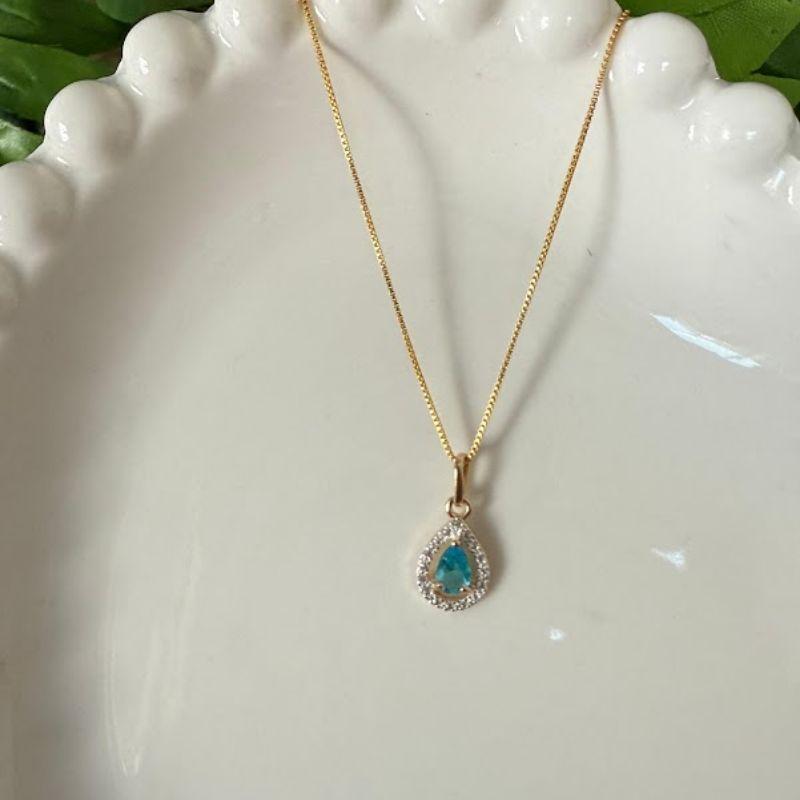 Colar Pingente Gota Delicada Azul Cravejada Zircônias - Banhado a Ouro 18k