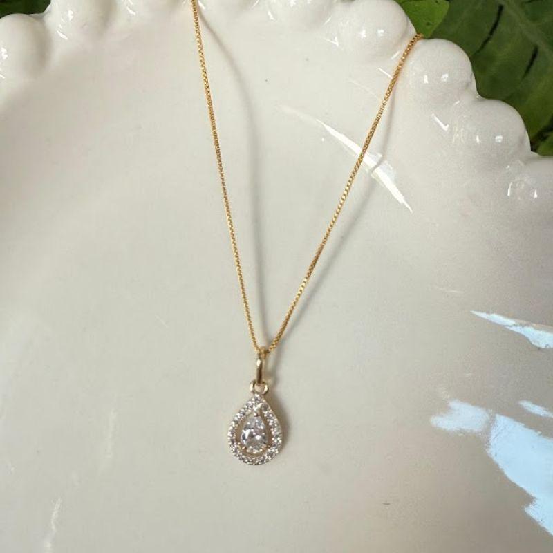 Colar Pingente Gota Delicada Cristal Cravejada Zircônias - Banhado a Ouro 18k