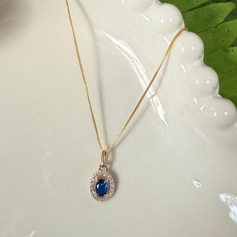 Colar Pingente Oval Azul Cravejado Zircônias - Banhado a Ouro 18k