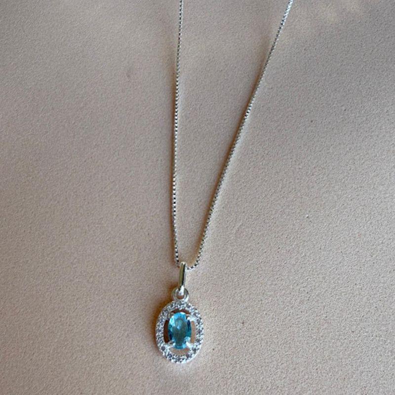 Colar Pingente Oval Topázio Azul Cravejado Zircônias - Prata 925