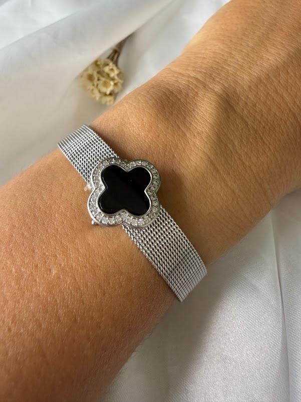 Pulseira Malha Relógio com Pingente Cravejado - Banho em Ródio Branco