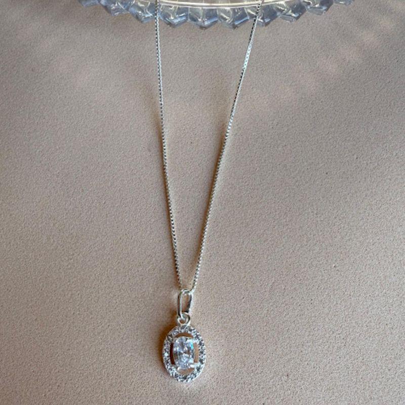 Colar Pingente Oval Cristal Cravejado Zircônias - Prata 925