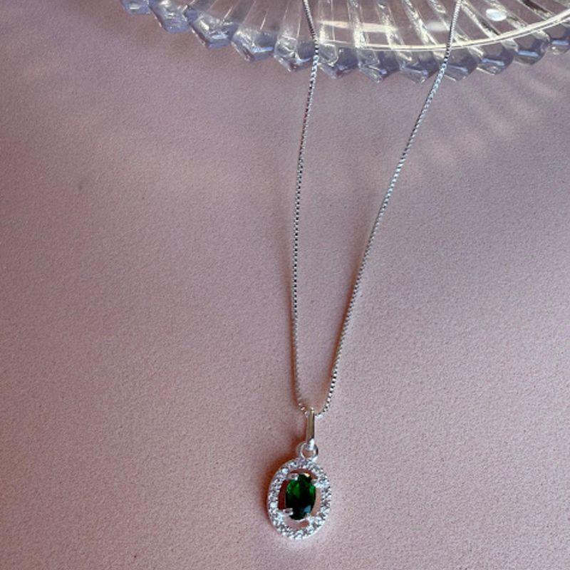 Colar Pingente Oval Verde Esmeralda Cravejado Zircônias - Prata 925