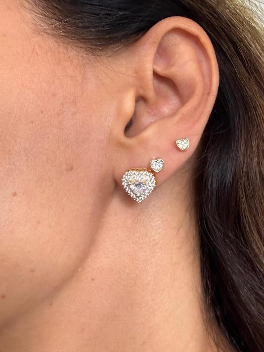 Brinco Coração 2 Fileiras Cravejado Zircônias - Banhado a Ouro 18k
