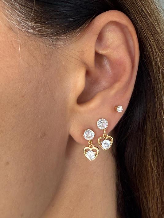 Brinco Coração de Zircônia Pendurado - Banhado em Ouro 18k