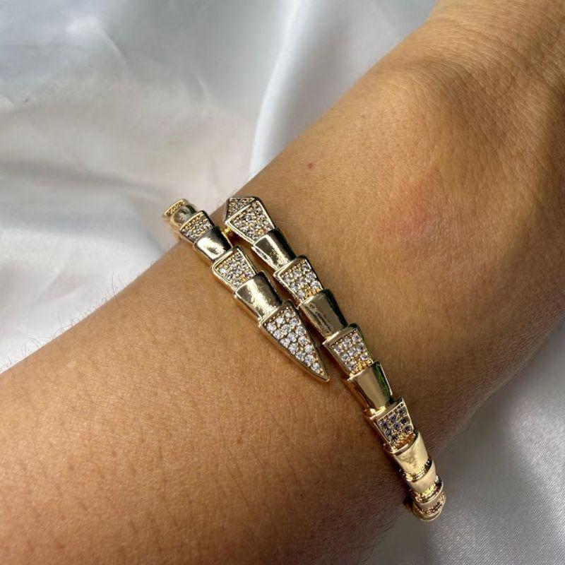 Bracelete Serpente Cravejado Zircônias - Banhado a Ouro 18k