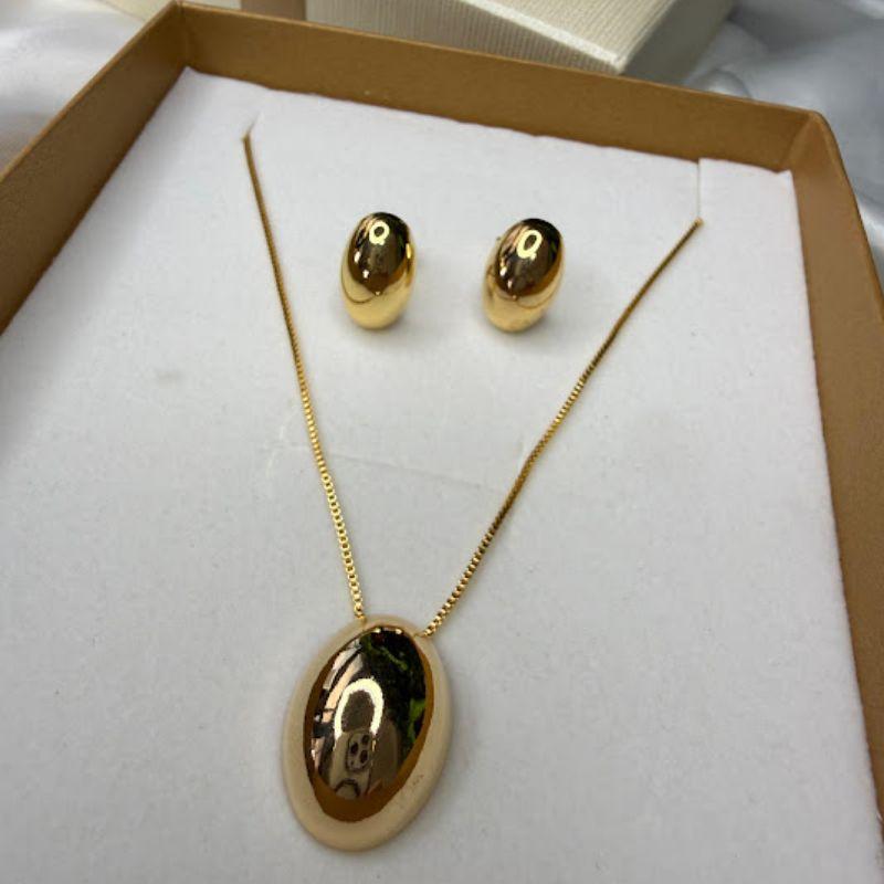 Conjunto Colar e Brincos Círculo Oval Liso - Banhado a Ouro 18K