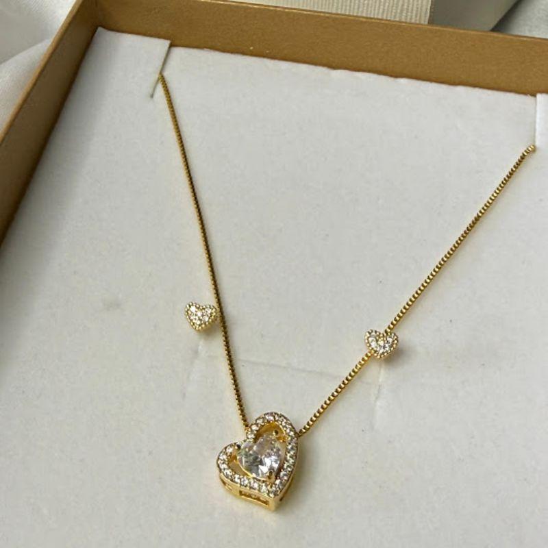 Conjunto Colar e Brincos Coração Cravejados Zircônias - Banhado a Ouro 18k
