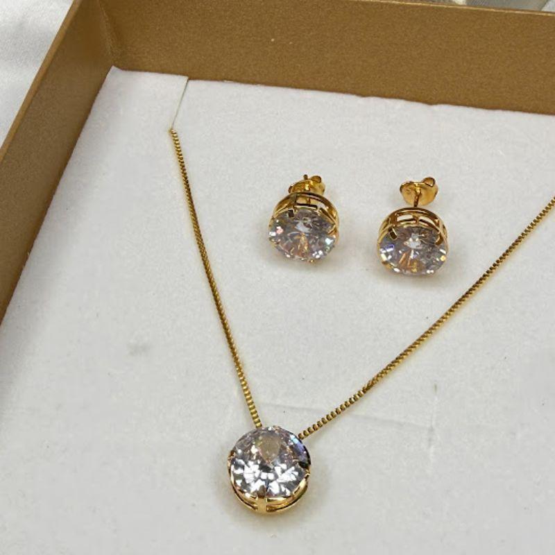 Conjunto Colar e Brincos Ponto de Luz Zircônia Grande - Banhado a Ouro 18k