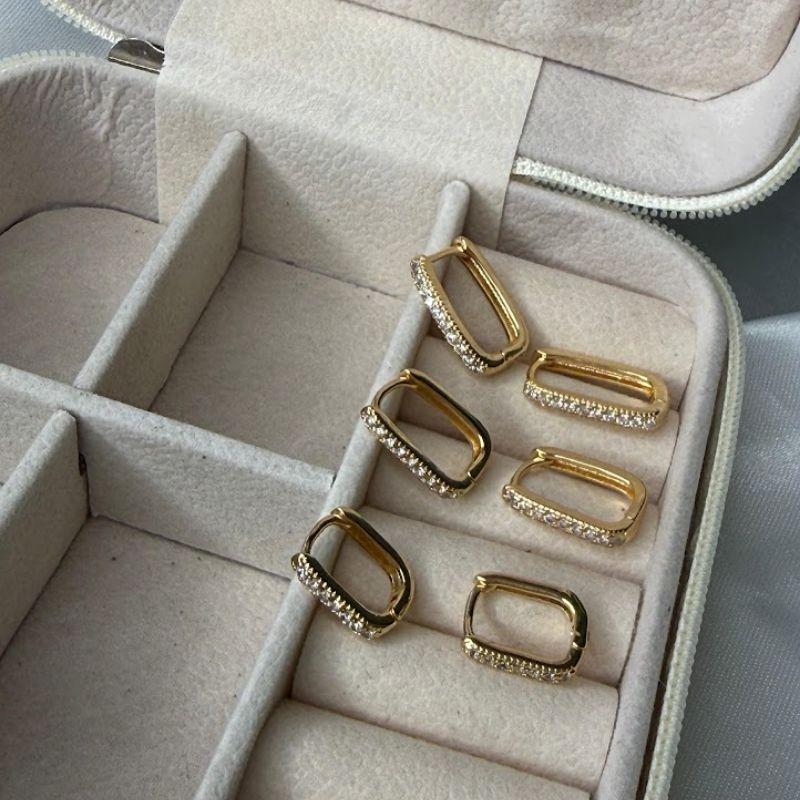 Trio de Argolinhas Retagular com Zircônias - Banhado a Ouro 18K