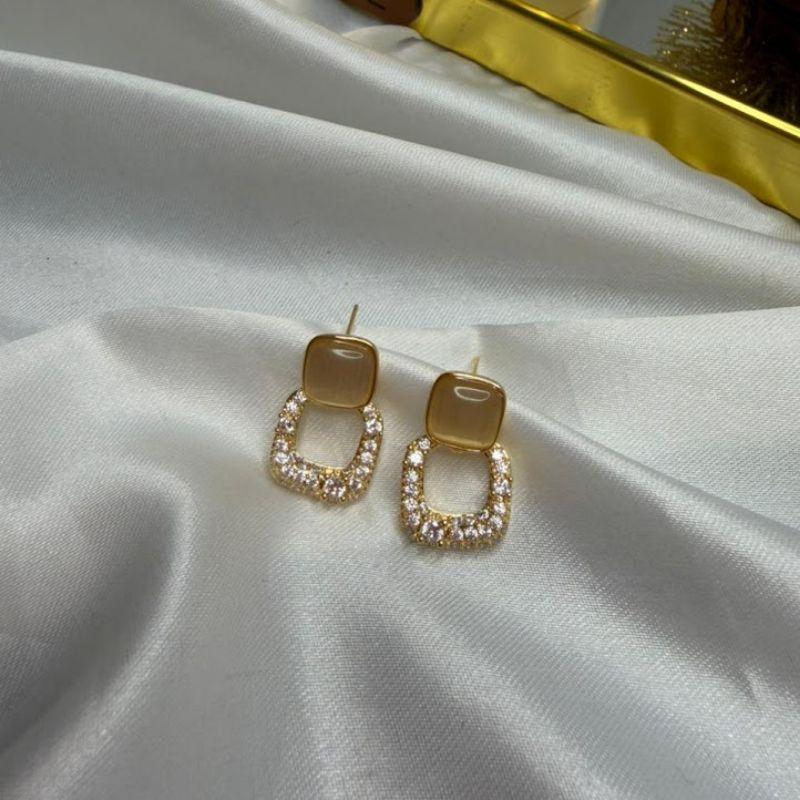 Brinco Pedra Natural e Pendente Quadrado Cravejado Zircônias - Banhado a Ouro 18k