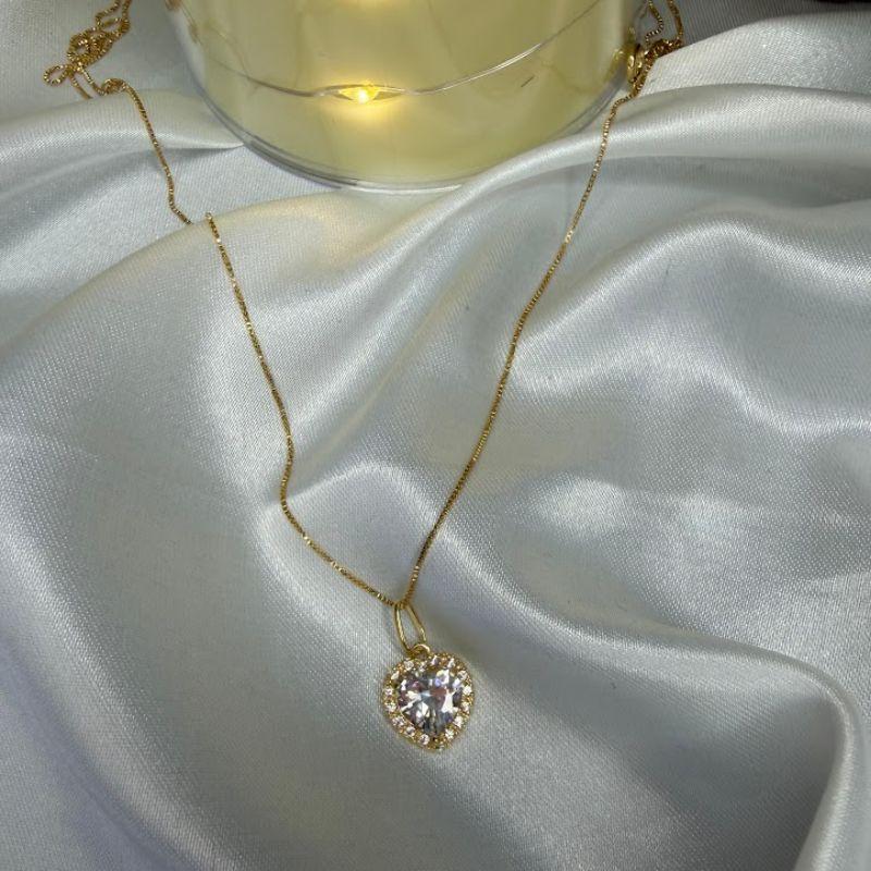 Colar Pingente Coração Cravejado com Ponto de Luz M  - Banhado a Ouro 18k