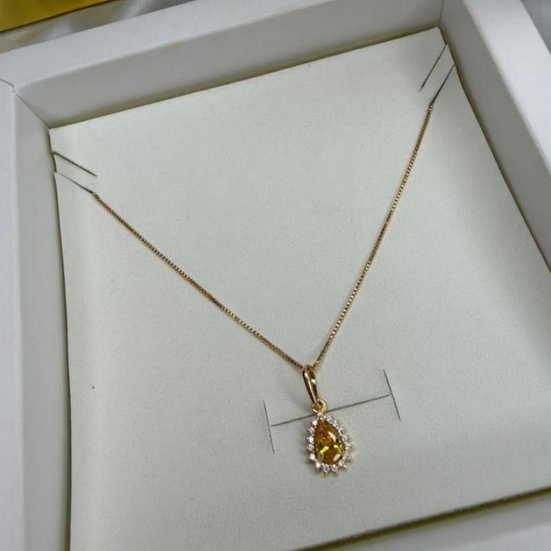 Colar Pingente Gota Pedra Amarela e Cravação de Zircônias - Banhado a Ouro 18k