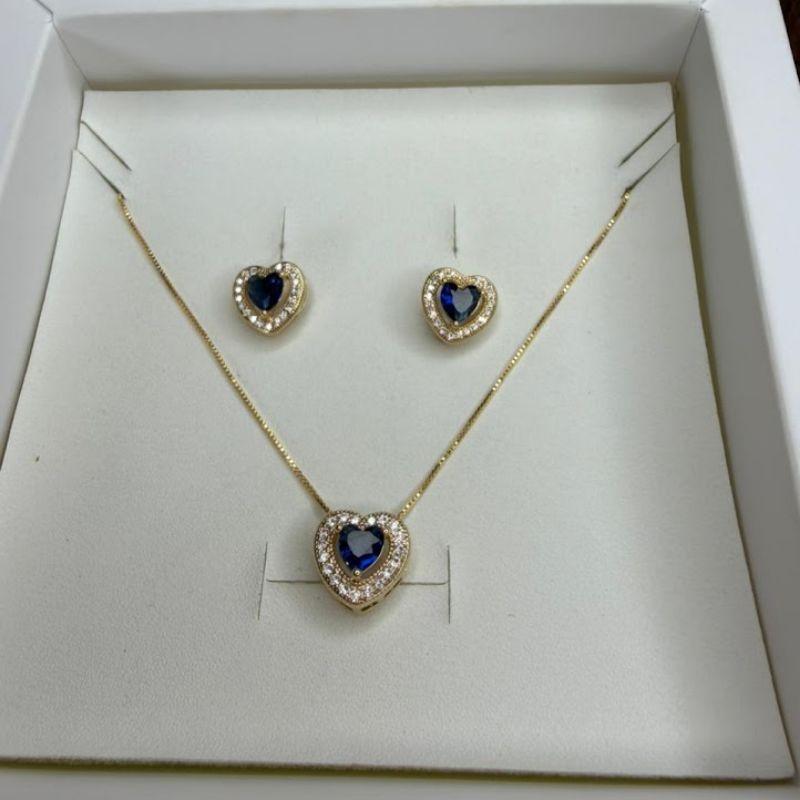 Conjunto Colar e Brincos de Coração Cravejado Zircônias Azul - Banhado a Ouro 18k