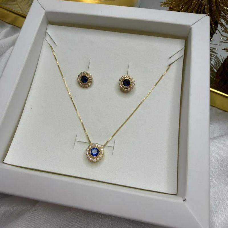 Conjunto Colar e Brincos Ponto de Luz com Zircônias Azul - Banhado a Ouro 18k