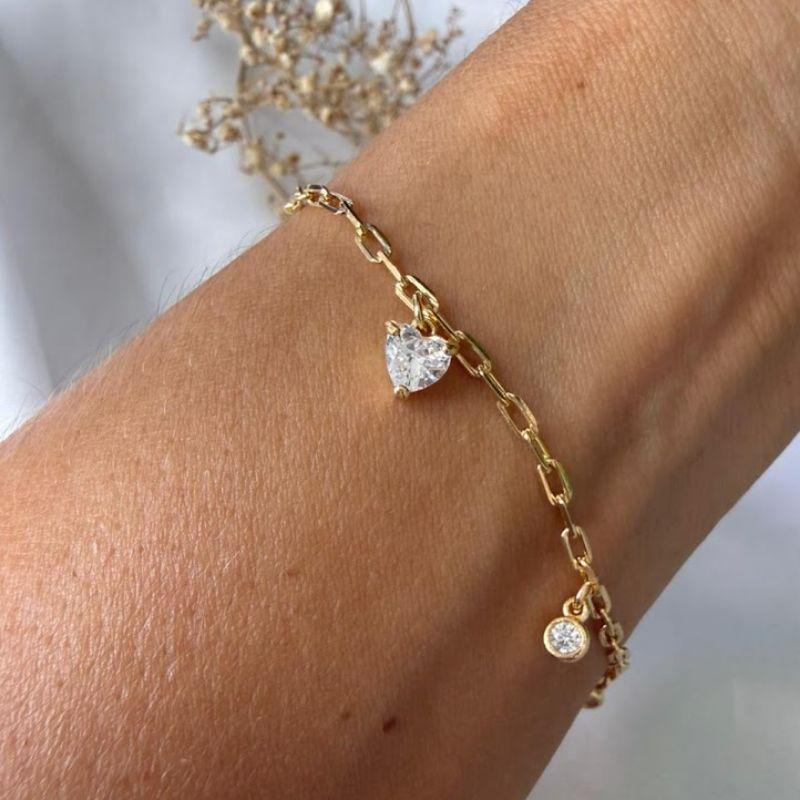 Pulseira de Elos com Pingente de Coração e Ponto de Luz Zircônias - Banhado a Ouro 18k