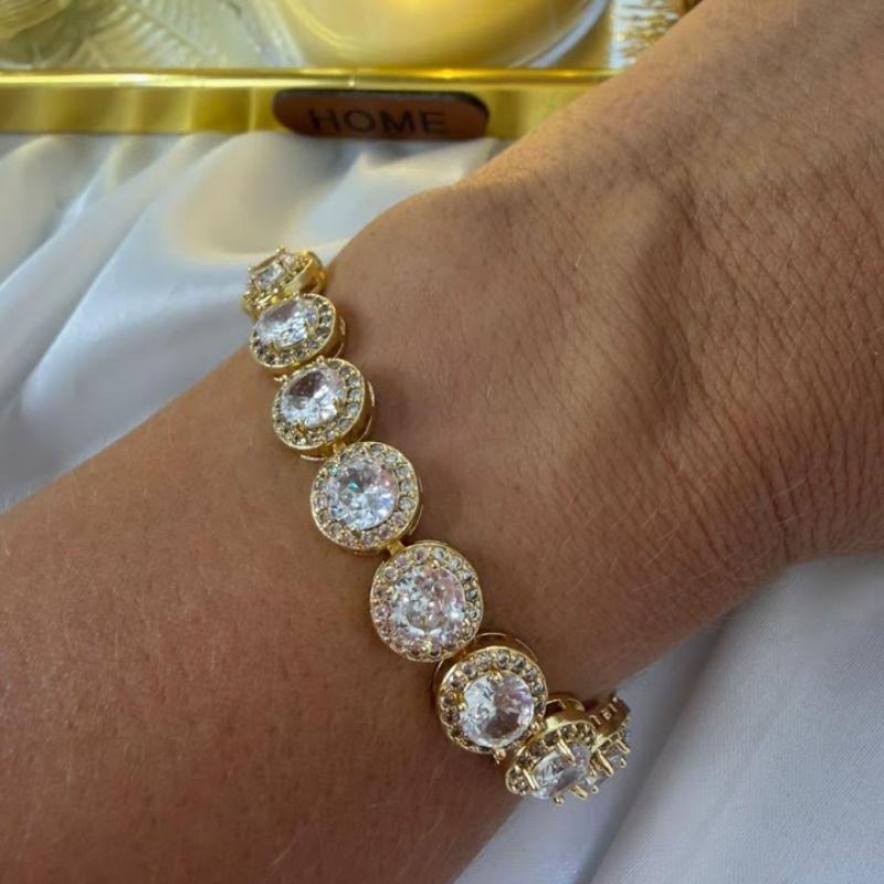 Pulseira Pedras em Zircônia Redonda Cravejada Zircônias - Banho de Ouro 18k