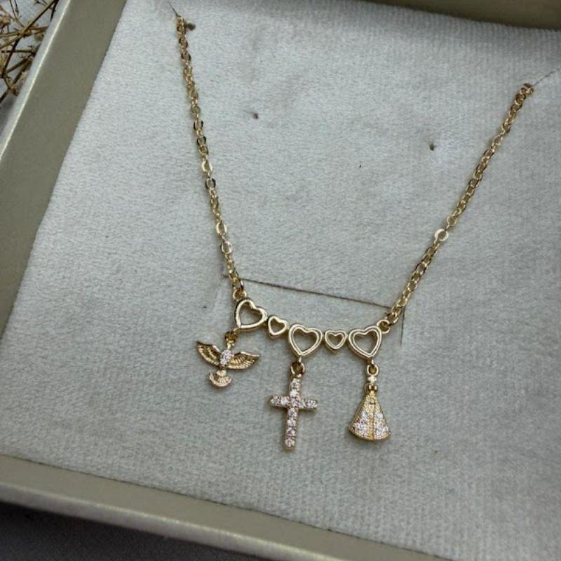 Colar Pingentes Religiosos Espírito Santo, Cruz e Nossa Senhora Aparecida - Banhado a Ouro 18k