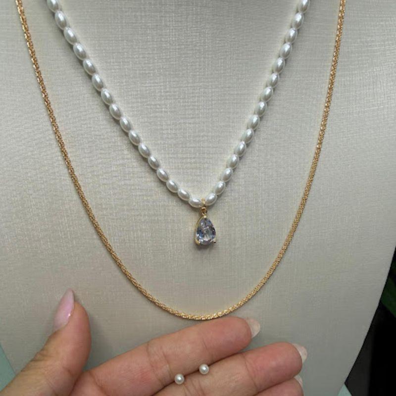 Conjunto Colar Duplo e Brincos de Pérola - Banhado a  Ouro 18k