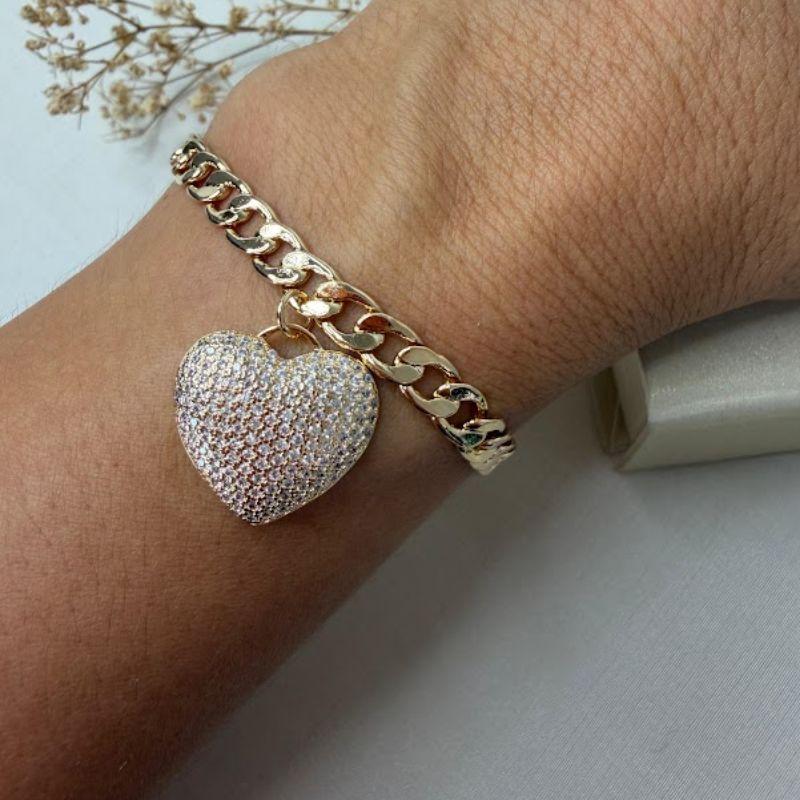 Pulseira estilo Grumet Pingente de Coração Cravejado de Zircônias - Banhado a Ouro 18k