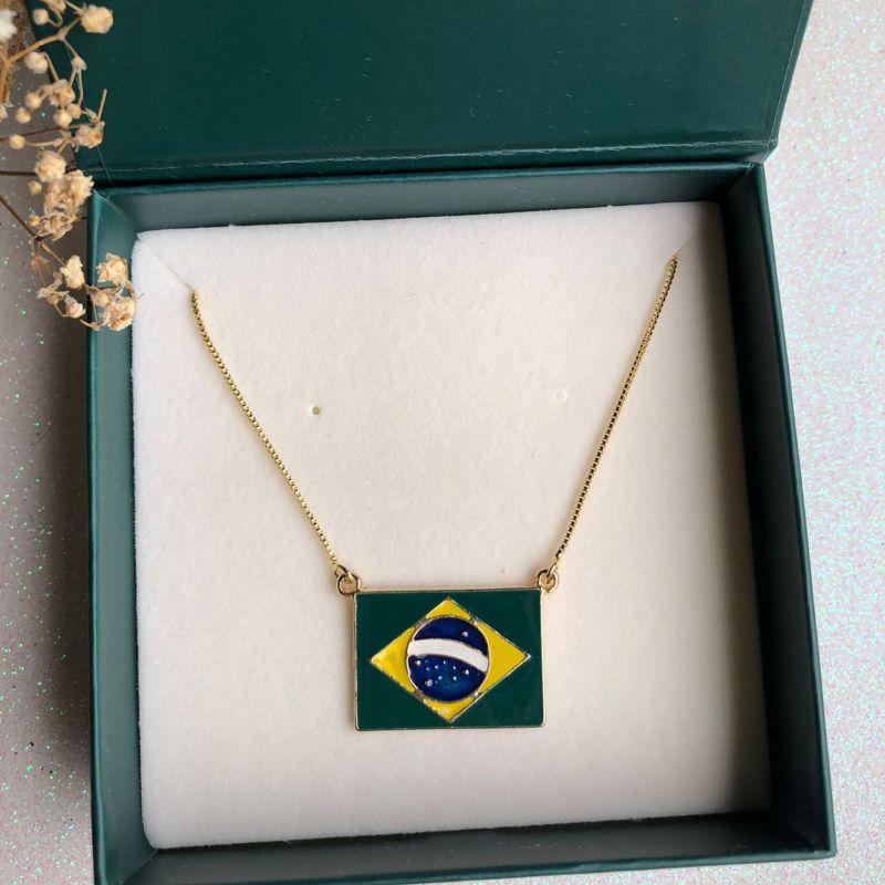 Colar Dourado Com Pingente Bandeira Do Brasil Esmaltado - Banhado a Ouro 18k
