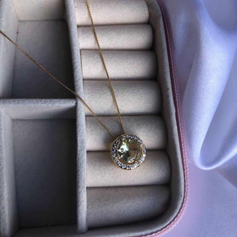 Colar Pingente Redondo de Zircônia Amarela e Cravejado - Banhado a Ouro 18k
