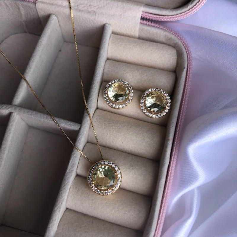 Conjunto Colar e Brincos Pingente Redondo Zircônia Amarela  - Banho a Ouro 18k