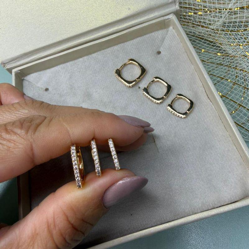Trio Brinco de Argolinhas Quadradas Cravejada de Zircônias -  Banhado a Ouro 18k