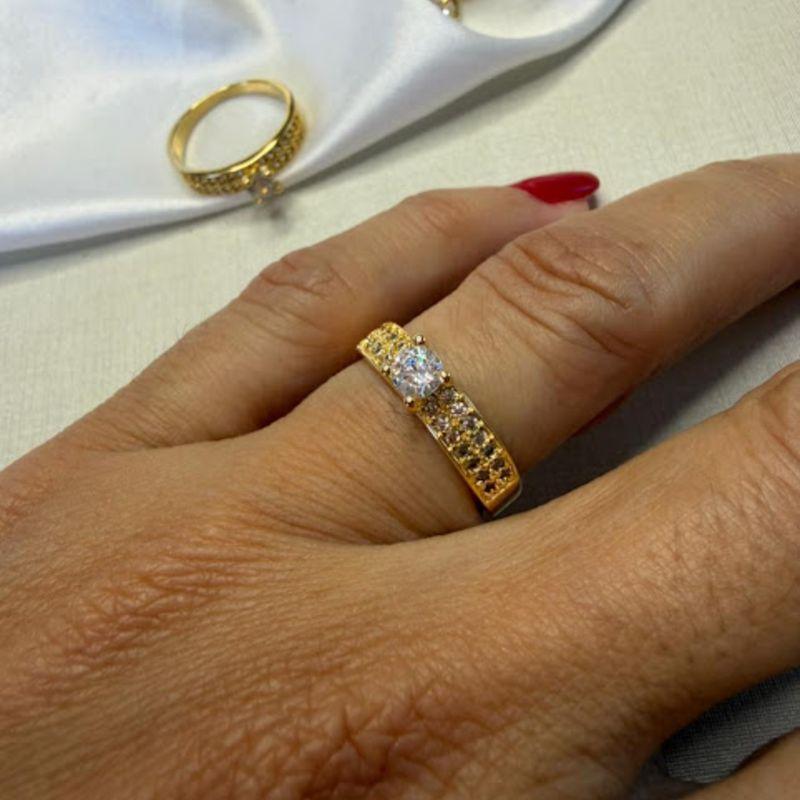 Anel Solitário Aro com 2 Fileiras Cravejado Zircônias - Banhado a Ouro 18k