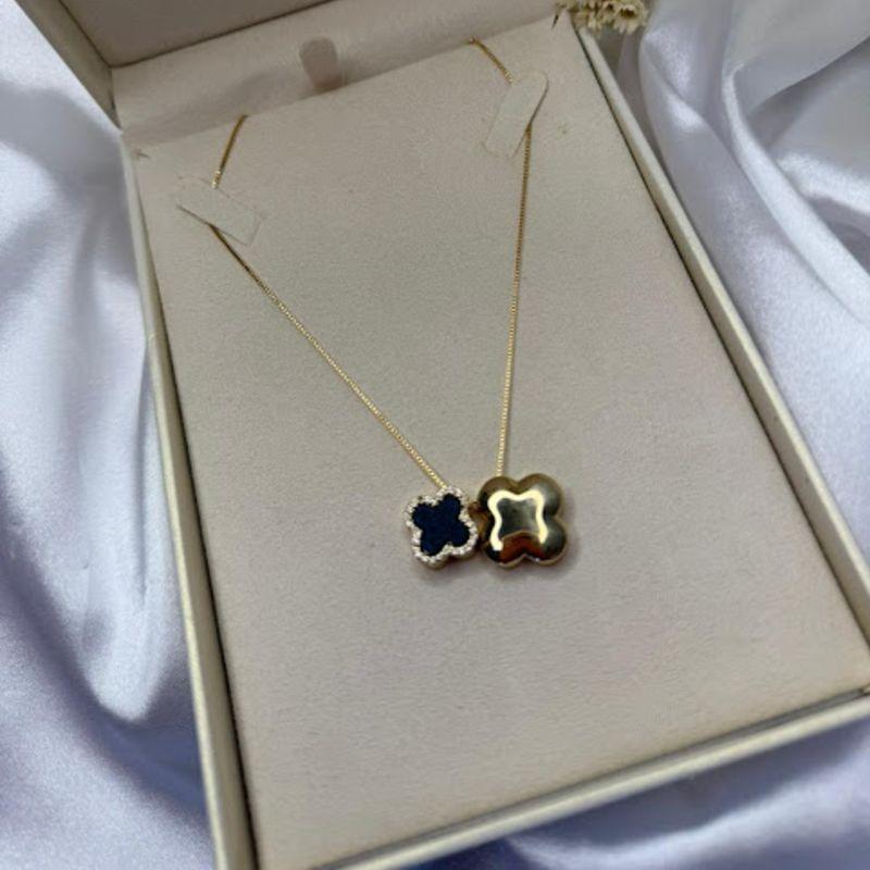 Colar com Pingentes de Trevo Cravejado e Liso - Banhado a Ouro 18k