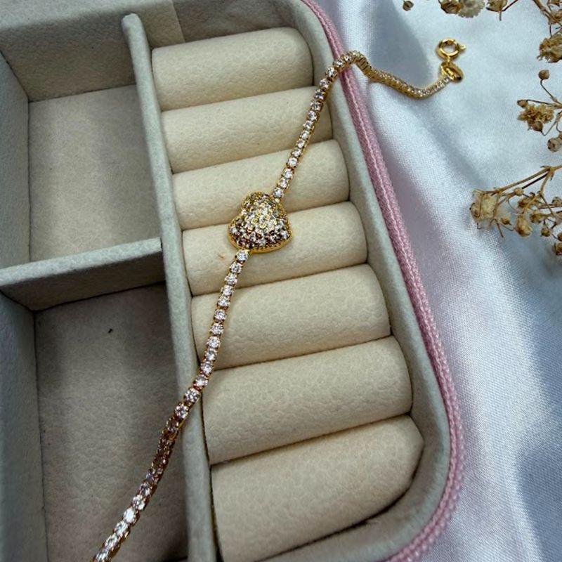 Pulseira Riviera com Pingente de Coração Cravejado Zircônias -  Banhada a ouro 18k