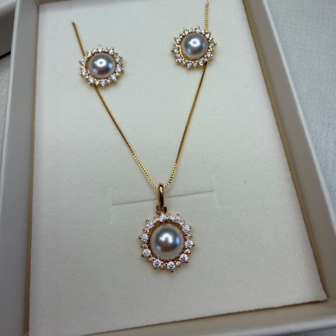 Conjunto Colar e Brincos com Pérola com Cravejada  de Zircônias - Banhado a Ouro 18k
