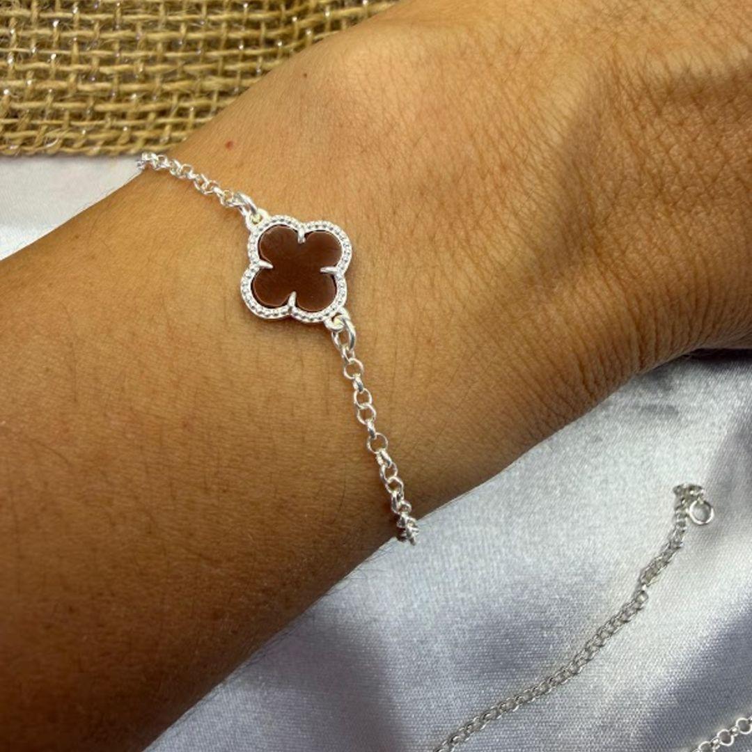 PULSEIRA TREVO MARROM - PRATA 925