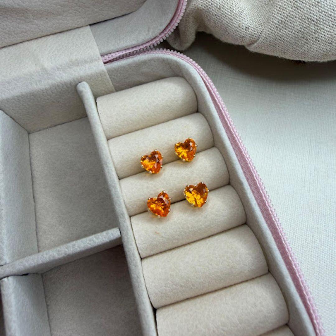 Brinco de Coração em Zircônia Laranja (Par) - Banhado a Ouro 18k