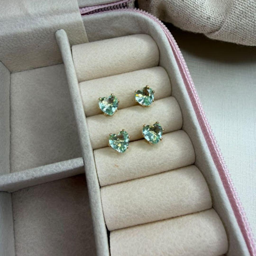 Brinco de Coração em Zircônia Verde Claro (Par) - Banhado a Ouro 18k