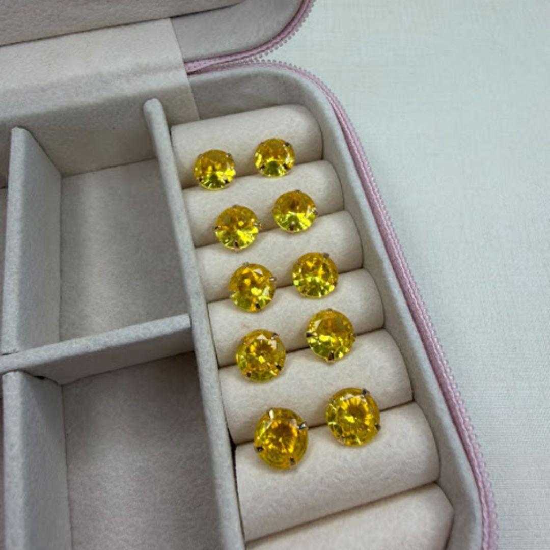 Brinco Ponto de Luz Redondo 8mm Zircônia Amarela (Par) - Banhado a Ouro 18k