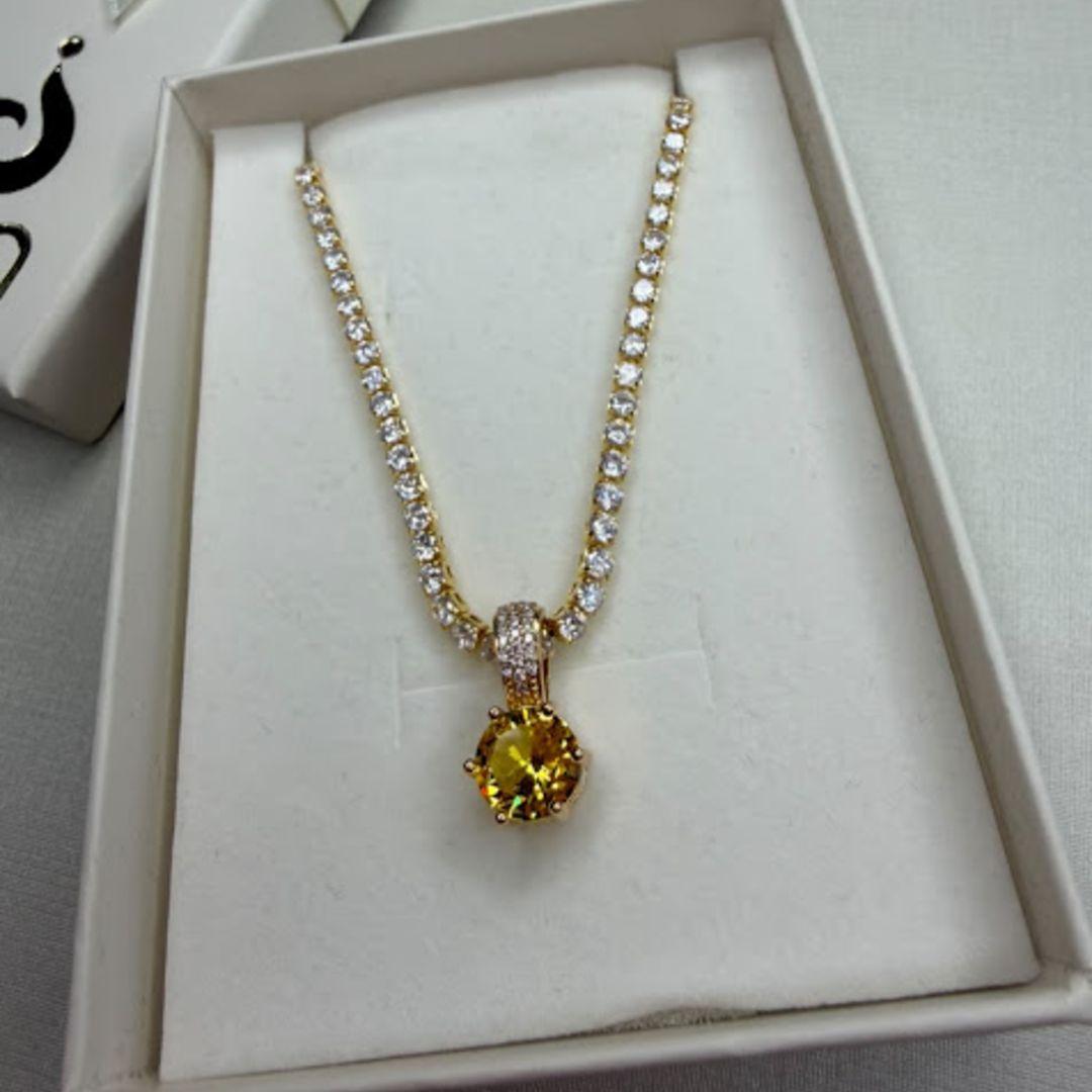Colar Riviera com Pingente Solitário de Zircônia Amarela - Banhado a Ouro 18k