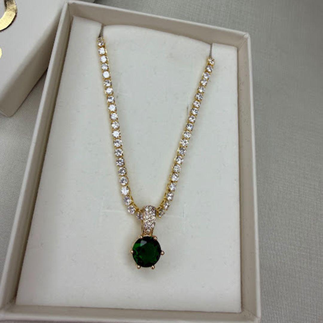 Colar Riviera com Pingente Solitário de Zircônia Verde - Banhado a Ouro 18k